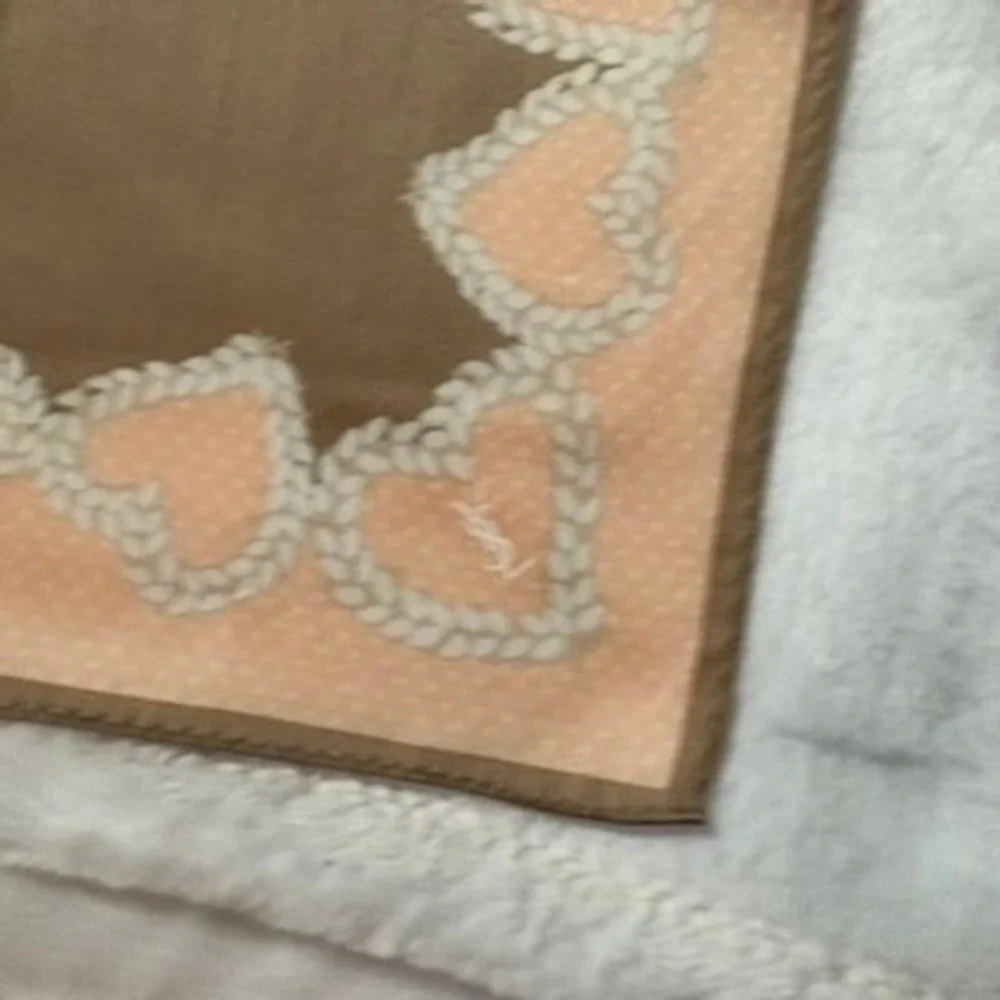 Vtg YVES SAINT LAURENT Scarf Handkerchief Heart Motif Cotton Tan Pink 19.5